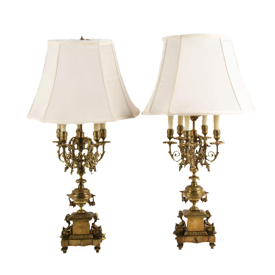 Antique Pair of Ornate Bronze and Brass Candelabra Lamps-1