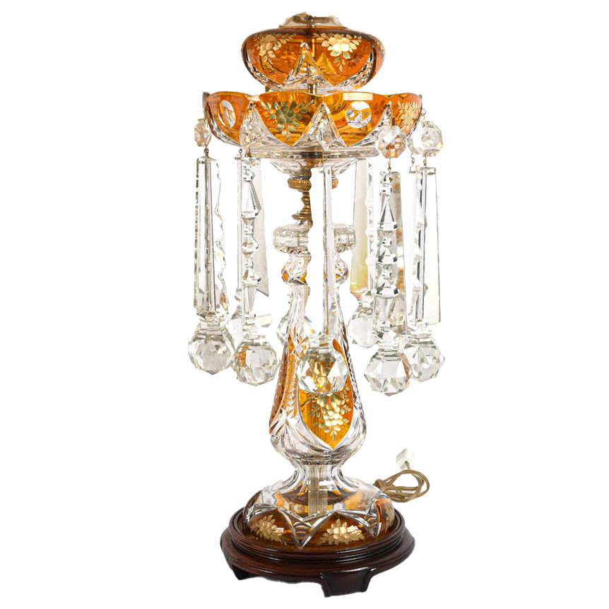 Antique Pair of Bohemian Glass Luster Table Lamps with Shades-9
