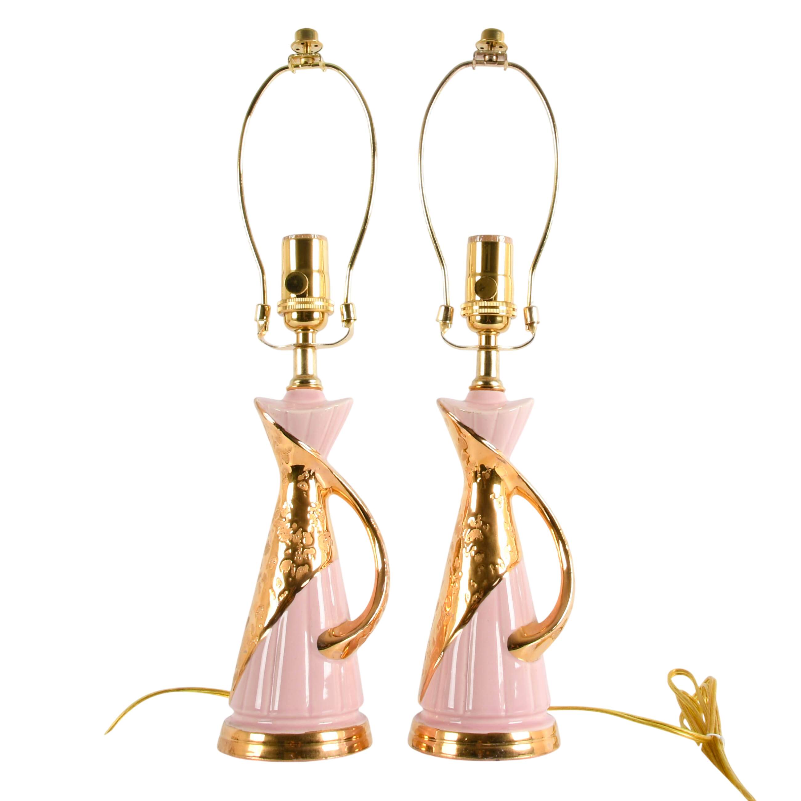 Pair of Mid-Century Modern Pink and Gold Boudoir Table Lamps-2