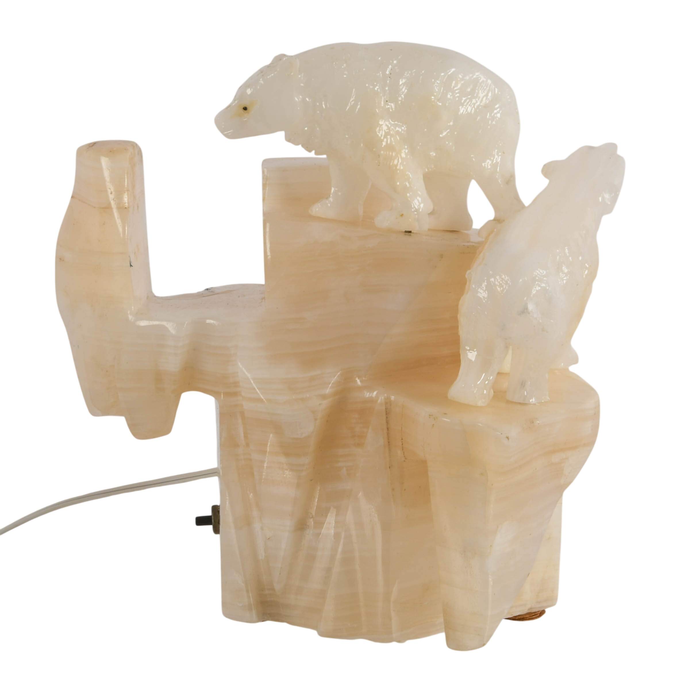 Art Deco Carved Alabaster and Onyx Polar Bear TV Table Lamp-2