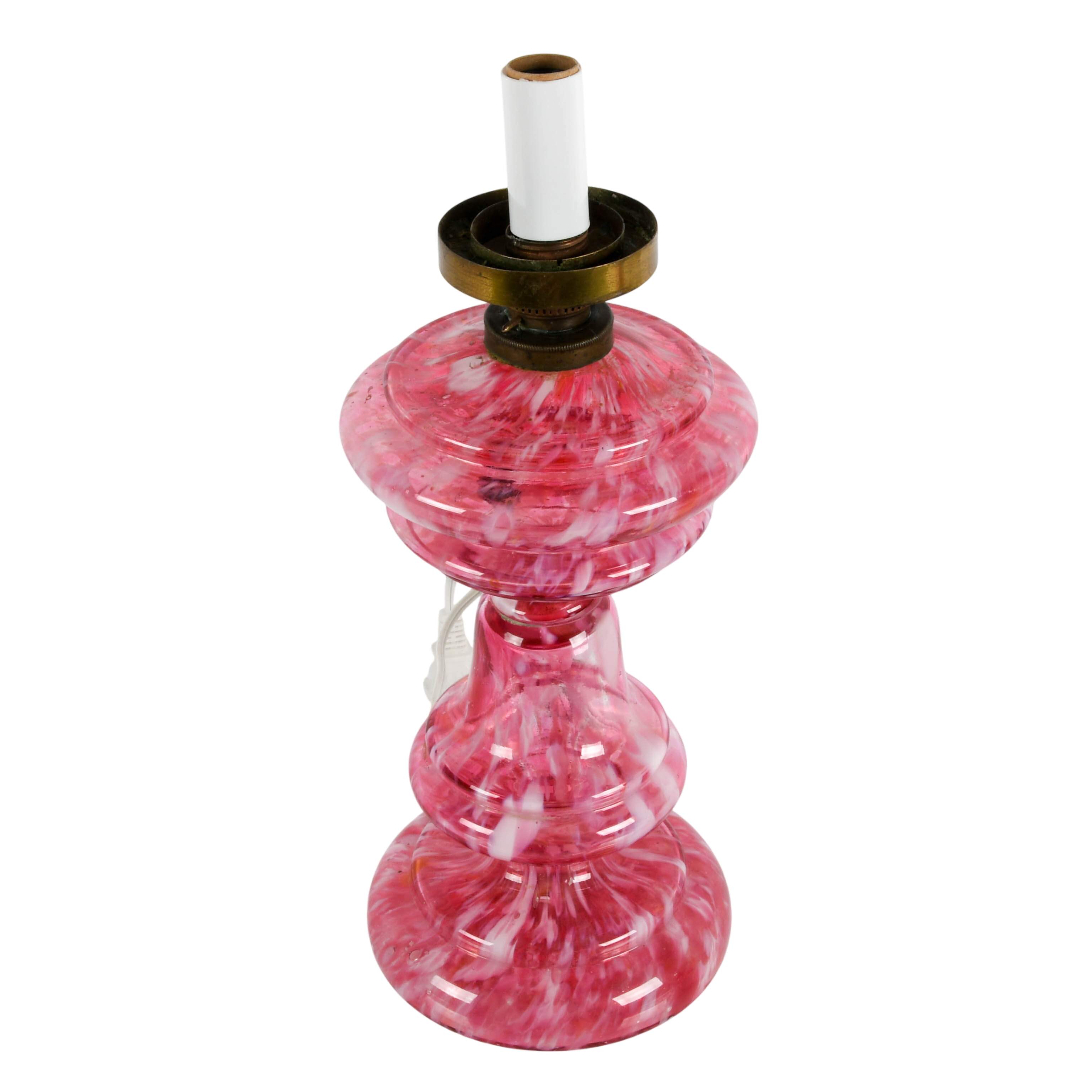 Antique Spatter Glass Pink and White Converted Oil Lamp-5