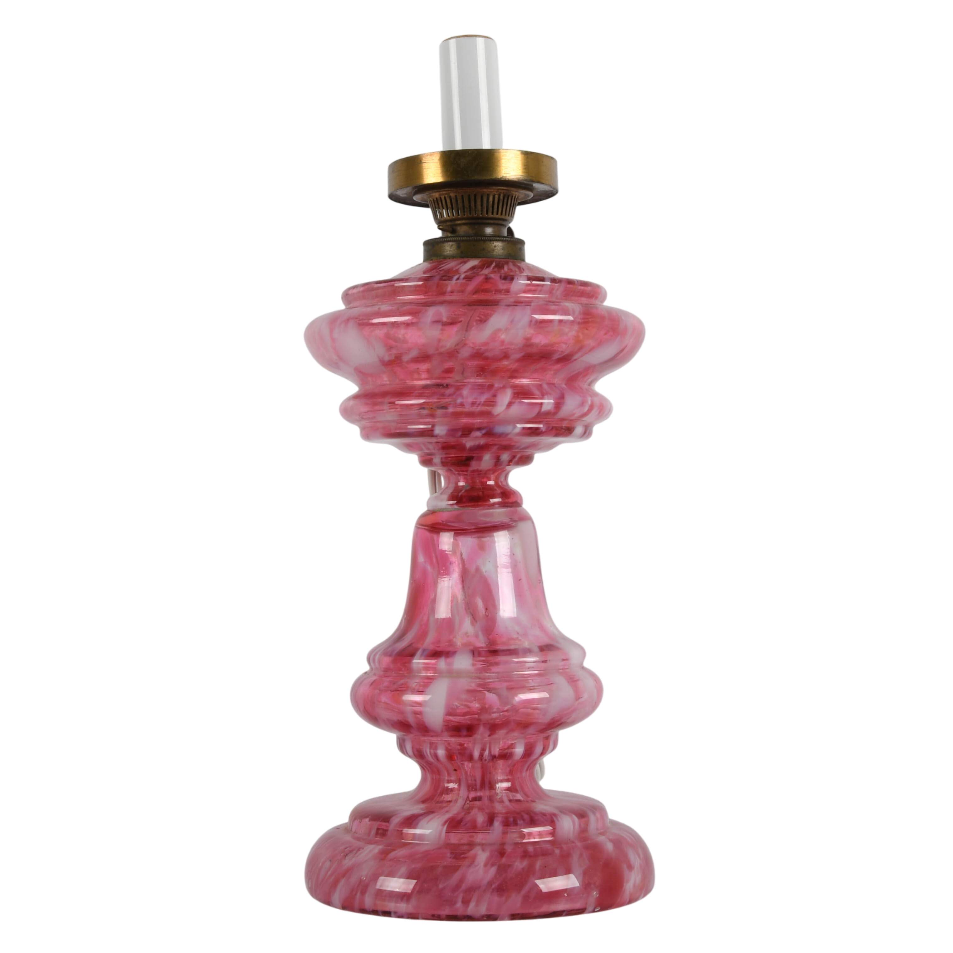 Antique Spatter Glass Pink and White Converted Oil Lamp-2