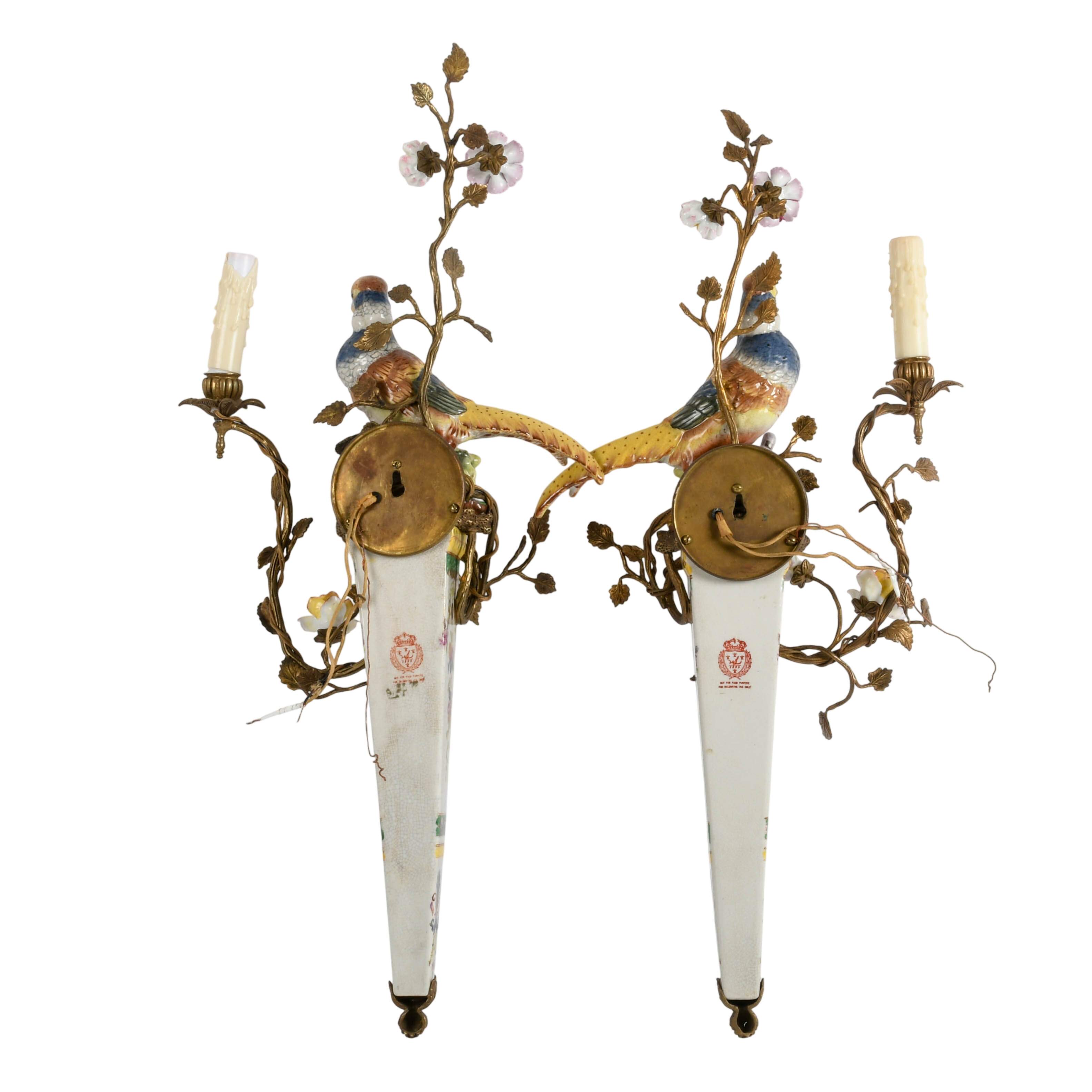 Matched Pair of Porcelain and Gilt Castilian Bird Wall Sconces-8