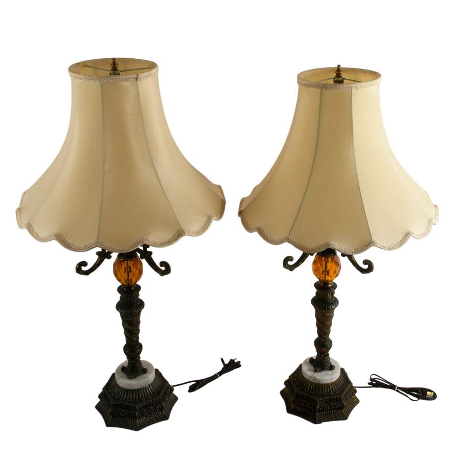 Antique Pair of Hollywood Regency Brass and Marble Table Lamps-3