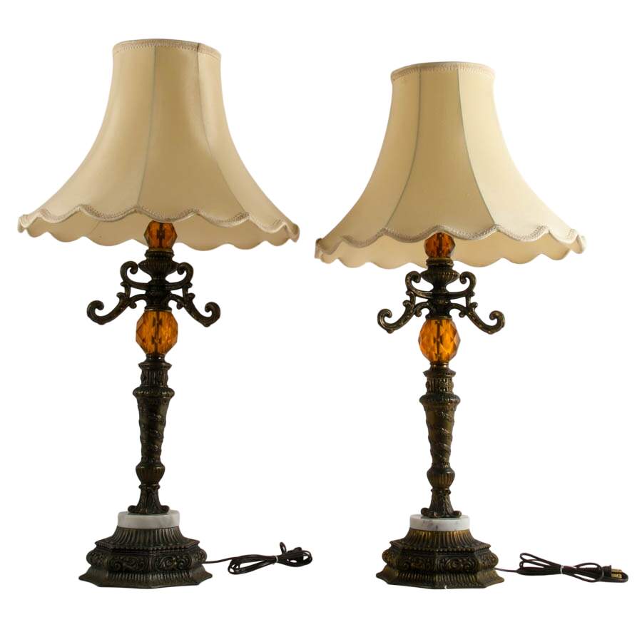 Antique Pair of Hollywood Regency Brass and Marble Table Lamps-2