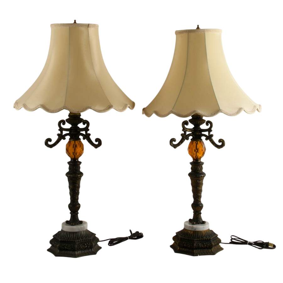 Antique Pair of Hollywood Regency Brass and Marble Table Lamps-1