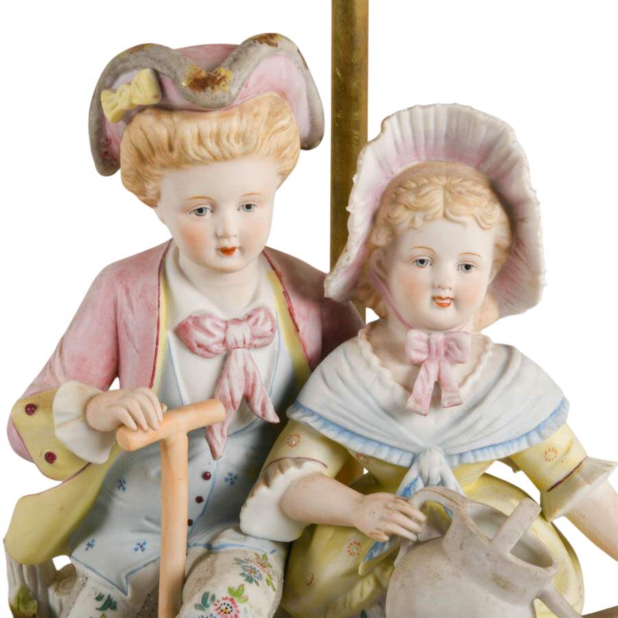 Antique German Rococo-Style Bisque Figural Lamp with Floral Decoration-2