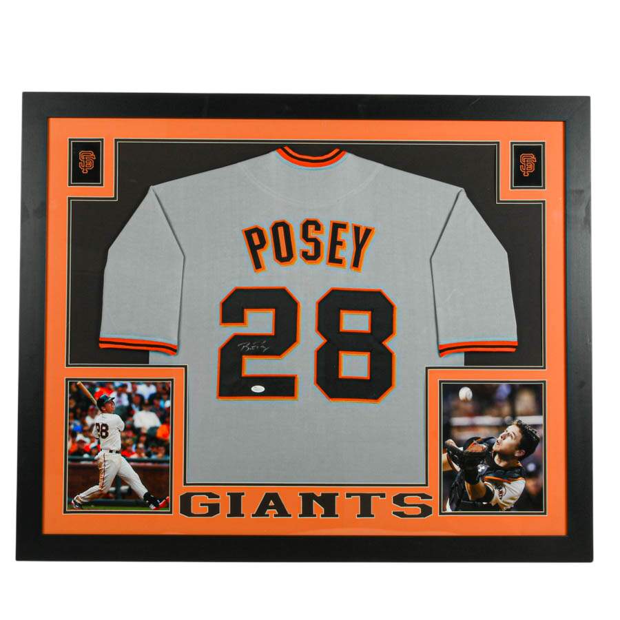Framed "San Francisco Giants Buster Posey #28" Photos and Signed Jersey-1