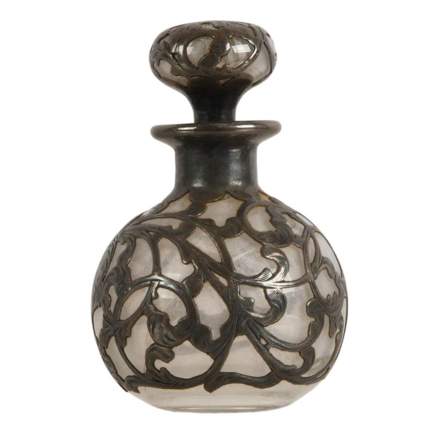 Art Nouveau Sterling Silver Overlay Glass Perfume Bottle-3