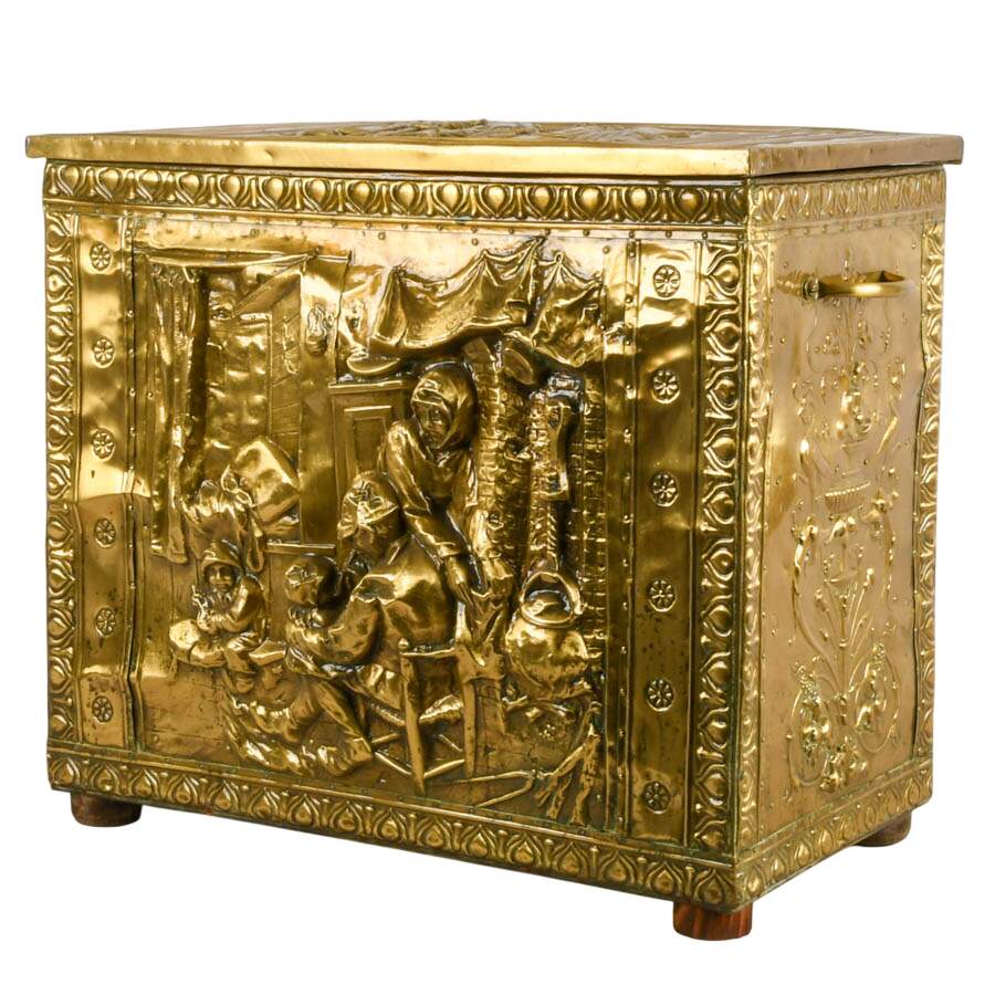 Victorian Repoussé Brass Fireplace Kindling Storage Box-3