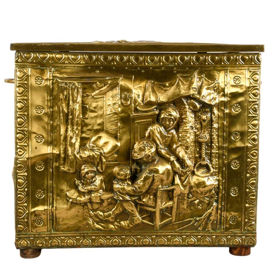 Victorian Repoussé Brass Fireplace Kindling Storage Box-1