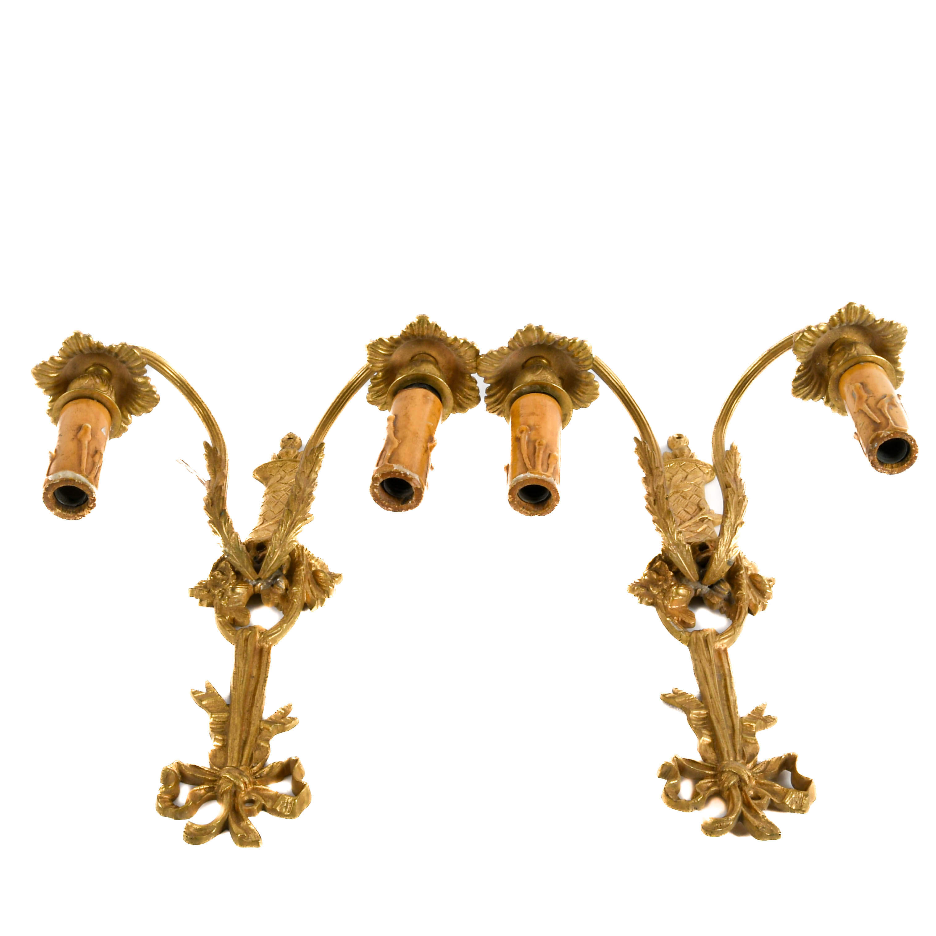 Antique Pair of French Brass Ribbon Form Wall Sconces-6