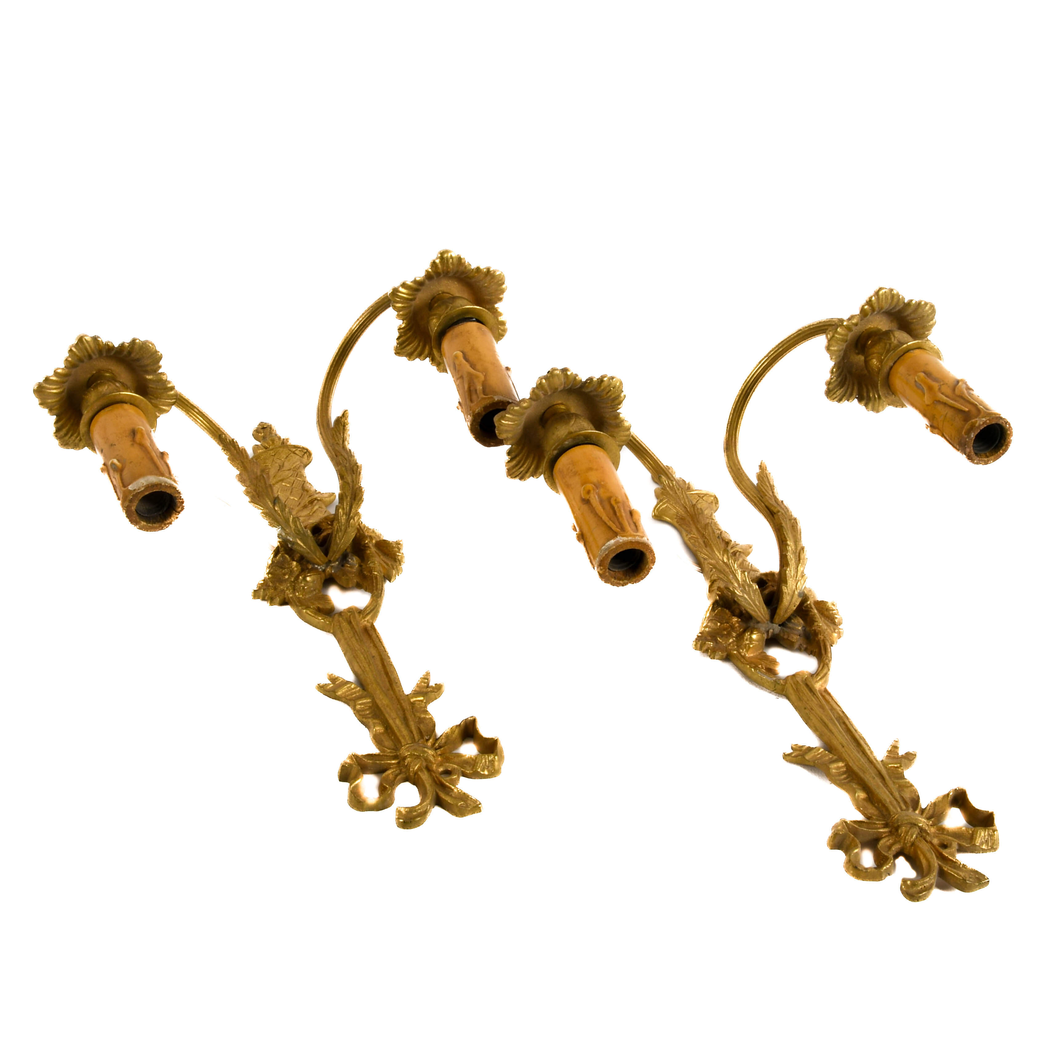 Antique Pair of French Brass Ribbon Form Wall Sconces-5
