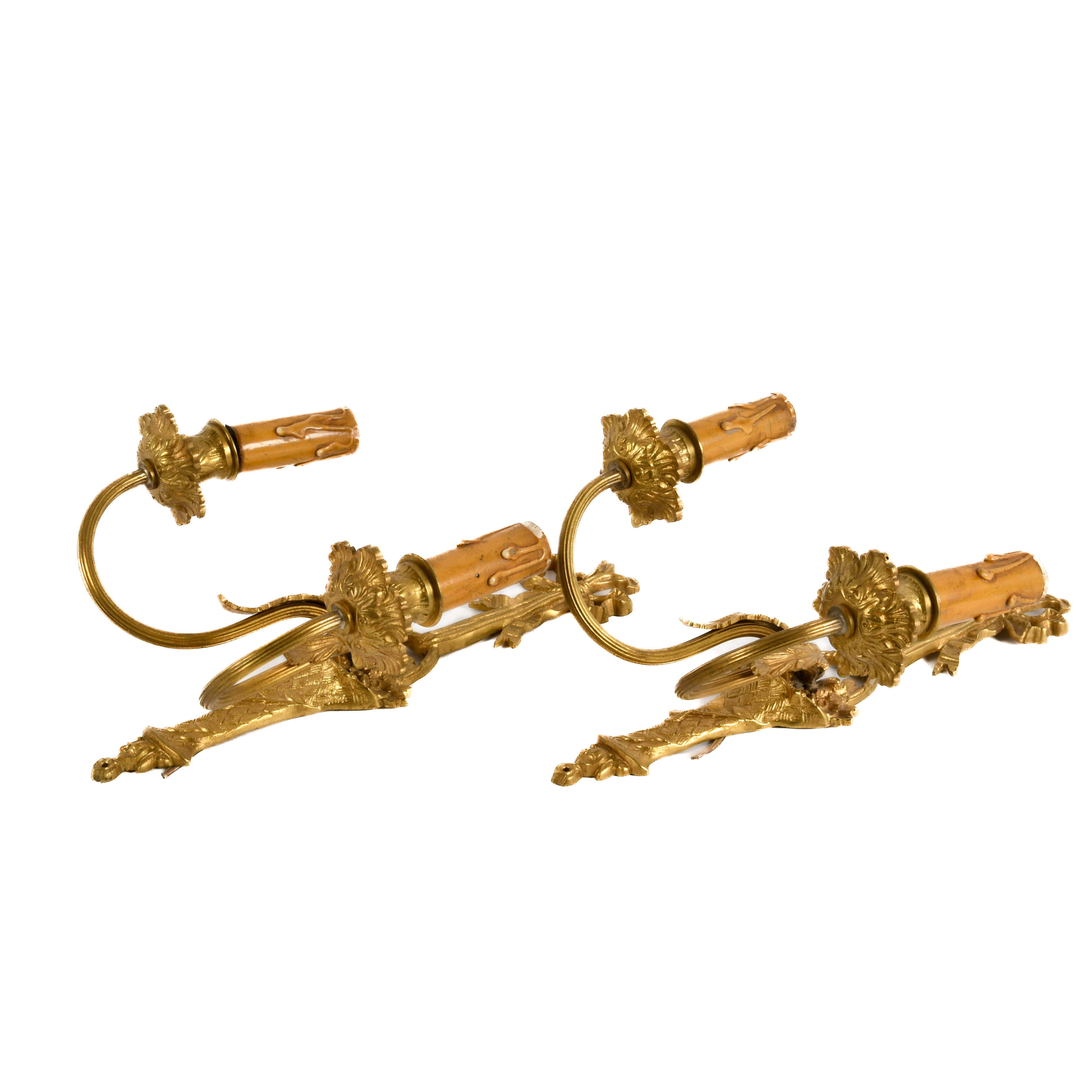 Antique Pair of French Brass Ribbon Form Wall Sconces-4