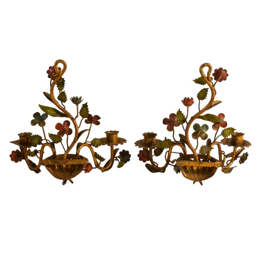 Antique Pair of French Tôle Peinte Floral Wall Sconces-3