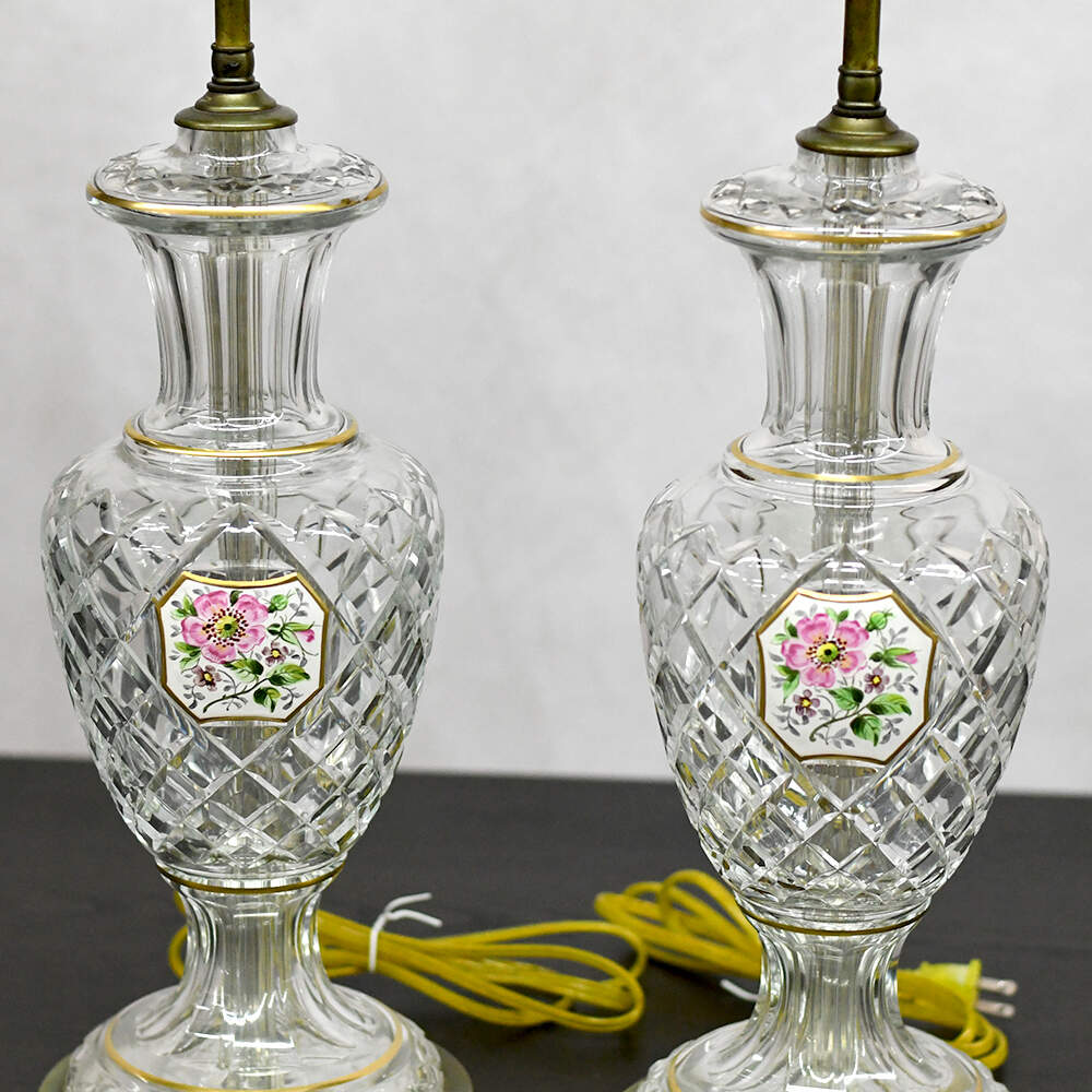 Bohemian Hand-Painted Enameled Rose Medallion Detail Cut Crystal Lamps-3