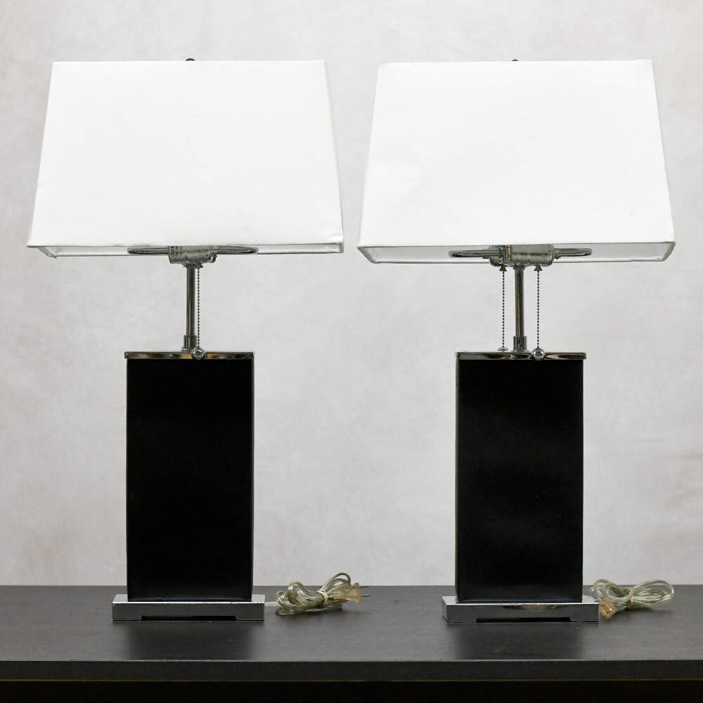 Black Leather and Silver Chrome Dual Light Table Lamps-1