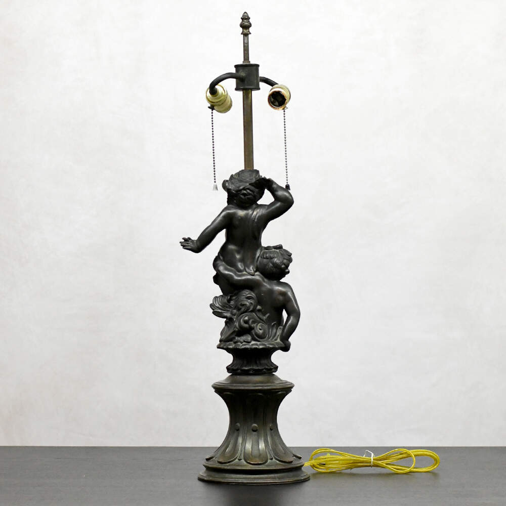 Antique Dark Patinaed Two Brothers Converted Oil Lamp without Shade-3