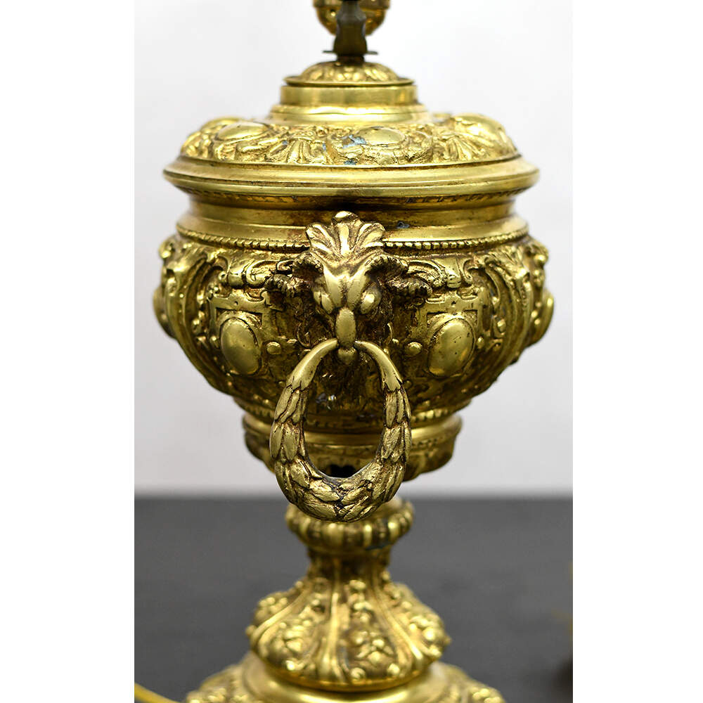 Neoclassical Ornate Ram Head Gold Table Lamps-9