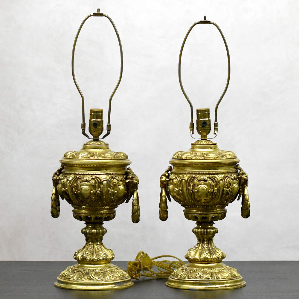 Neoclassical Ornate Ram Head Gold Table Lamps-1