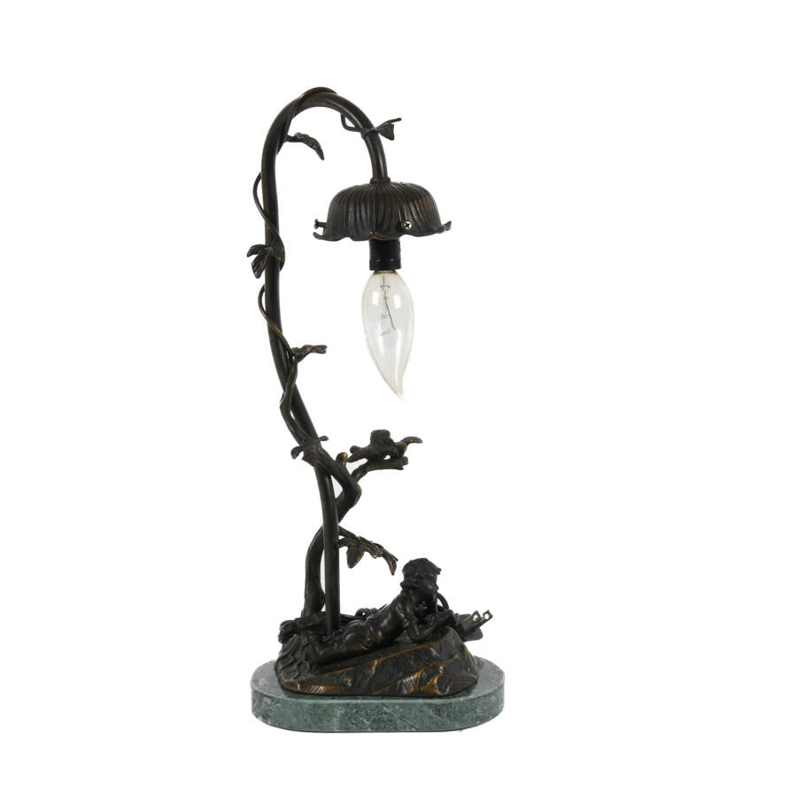 Bronze Reading Youth Floral Lamp on Marble Base-2