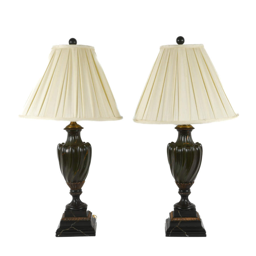 Painted Pair of Green Wooden Lamps with Shades-1
