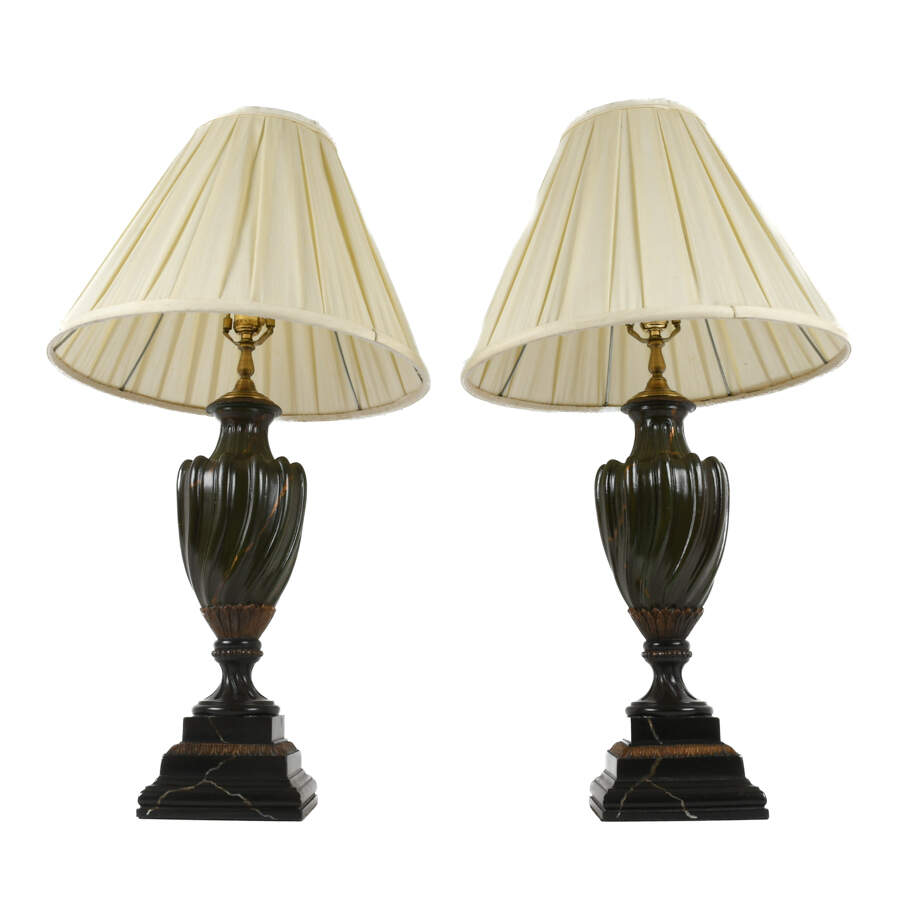 Painted Pair of Green Wooden Lamps with Shades-2