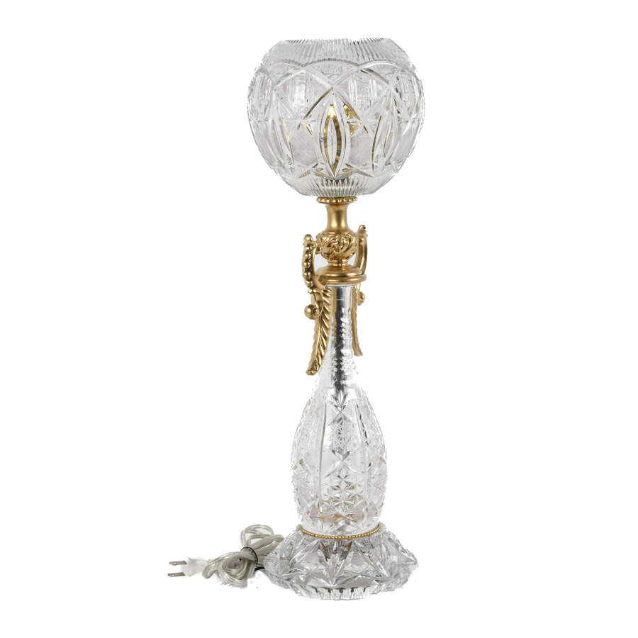 Antique Cut Crystal Banquet Lamp with Brass Mounts-4
