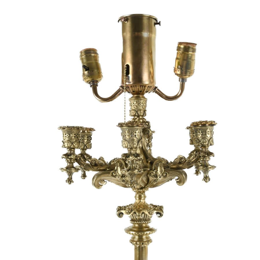 Antique Pair of Bronze Neo-Gothic Candelabra Lamps with Sphinx and Satyrs-4