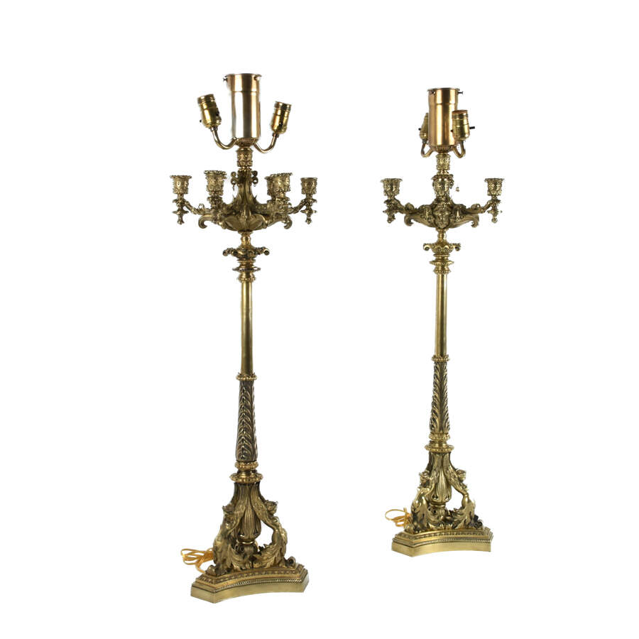 Antique Pair of Bronze Neo-Gothic Candelabra Lamps with Sphinx and Satyrs-2