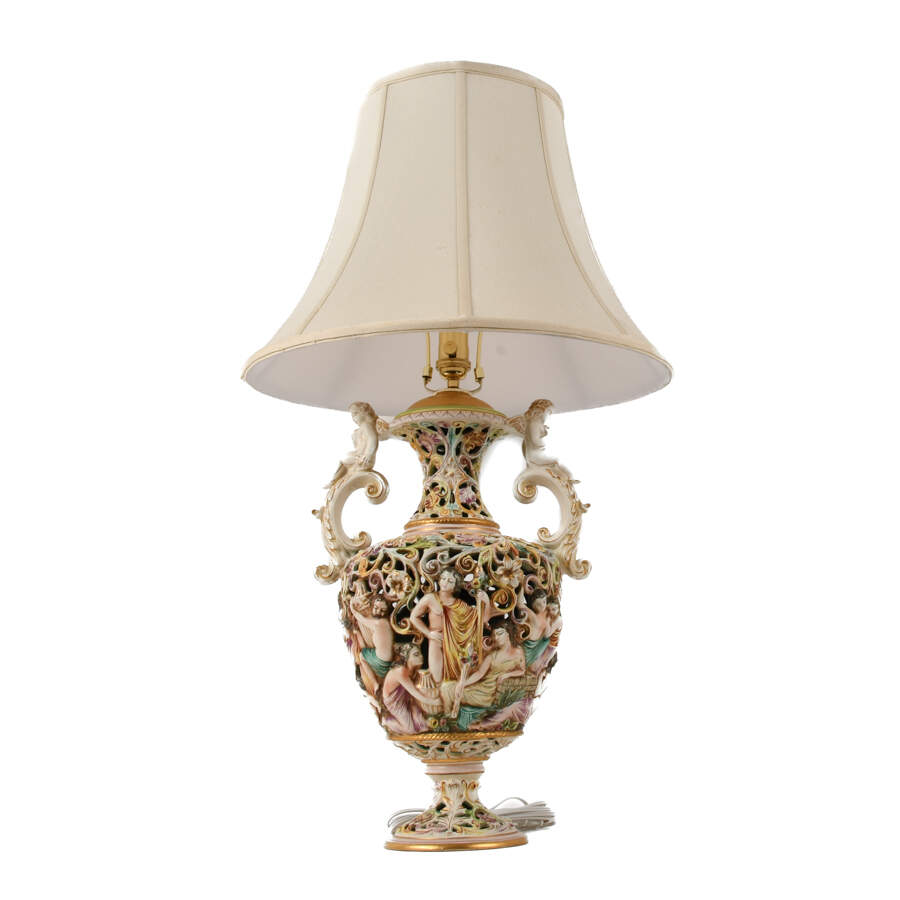 Vintage Italian Capodimonte Ceramic Lamp with Figural Details and Shade-8
