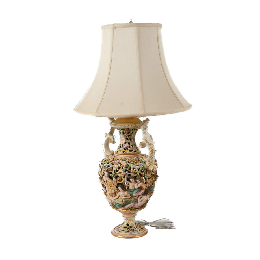 Vintage Italian Capodimonte Ceramic Lamp with Figural Details and Shade-6