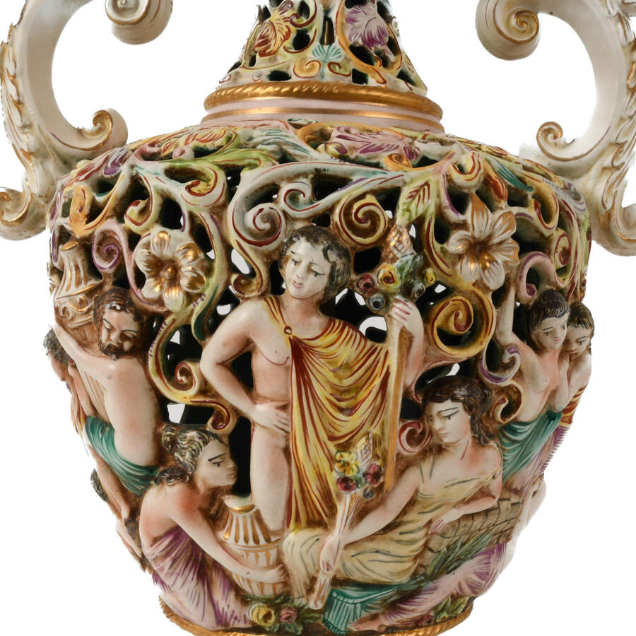 Vintage Italian Capodimonte Ceramic Lamp with Figural Details and Shade-5