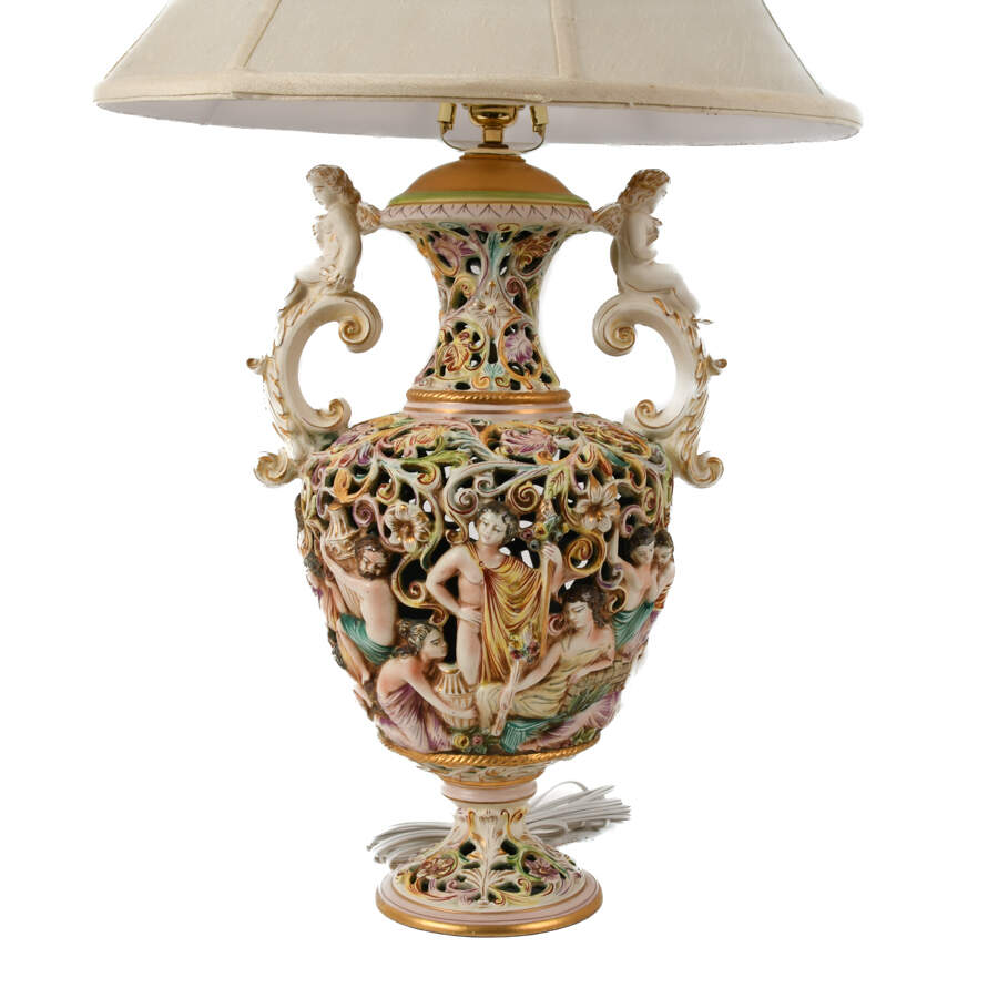Vintage Italian Capodimonte Ceramic Lamp with Figural Details and Shade-4
