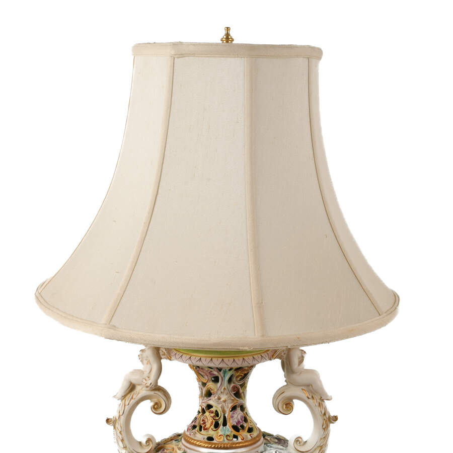 Vintage Italian Capodimonte Ceramic Lamp with Figural Details and Shade-3