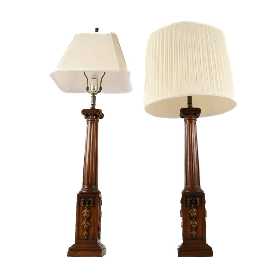 Matched Pair Walnut Carved and Floral Corinthian Colum Table Lamps-2