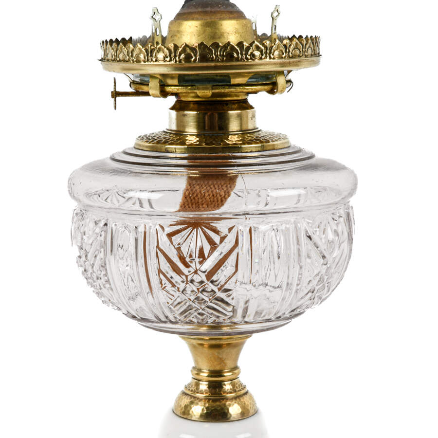 Antique Victorian Milk Glass, Crystal, and Brass Oil Lamp-2