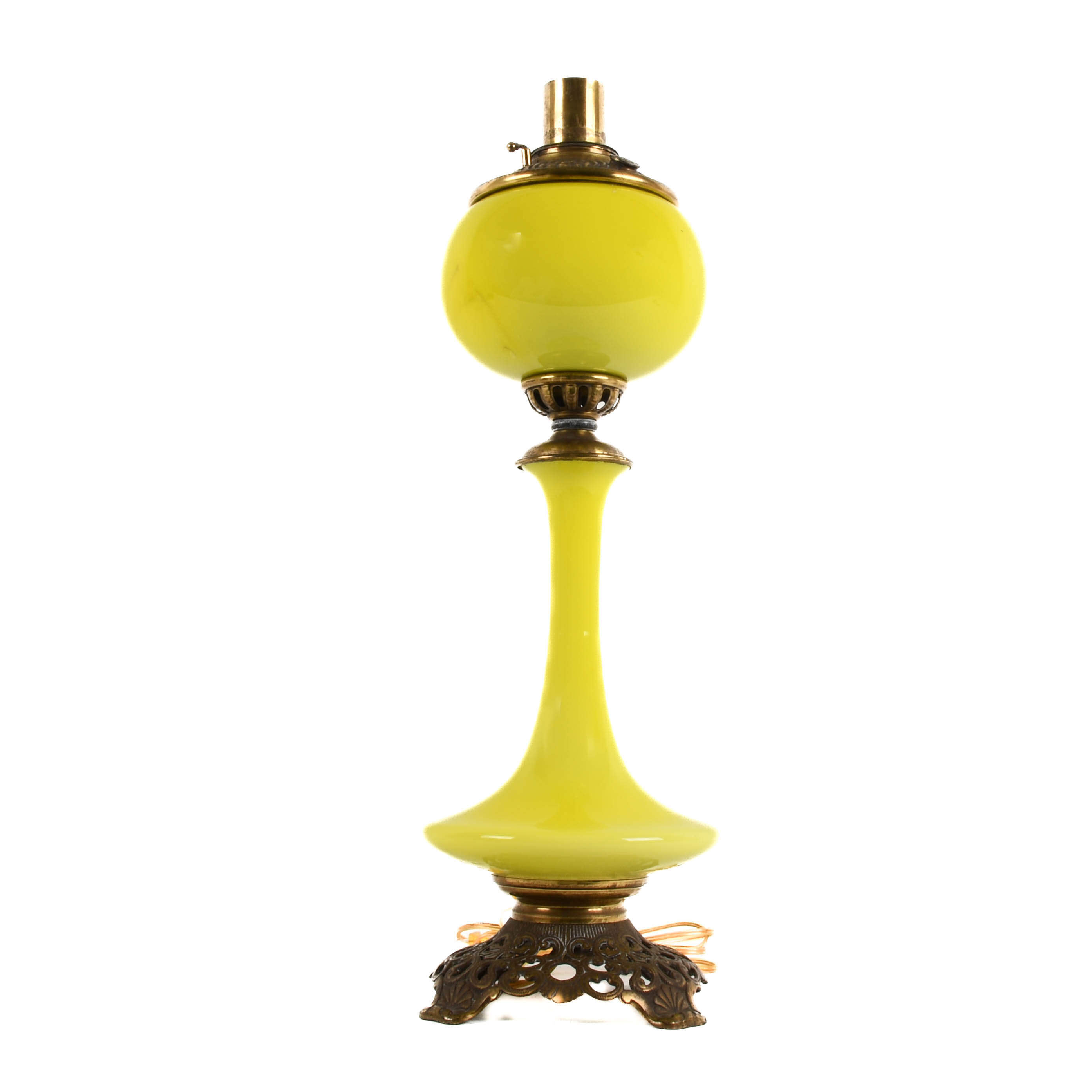 Antique Chartreuse Cased Glass Genie Converted Oil Lamp-2