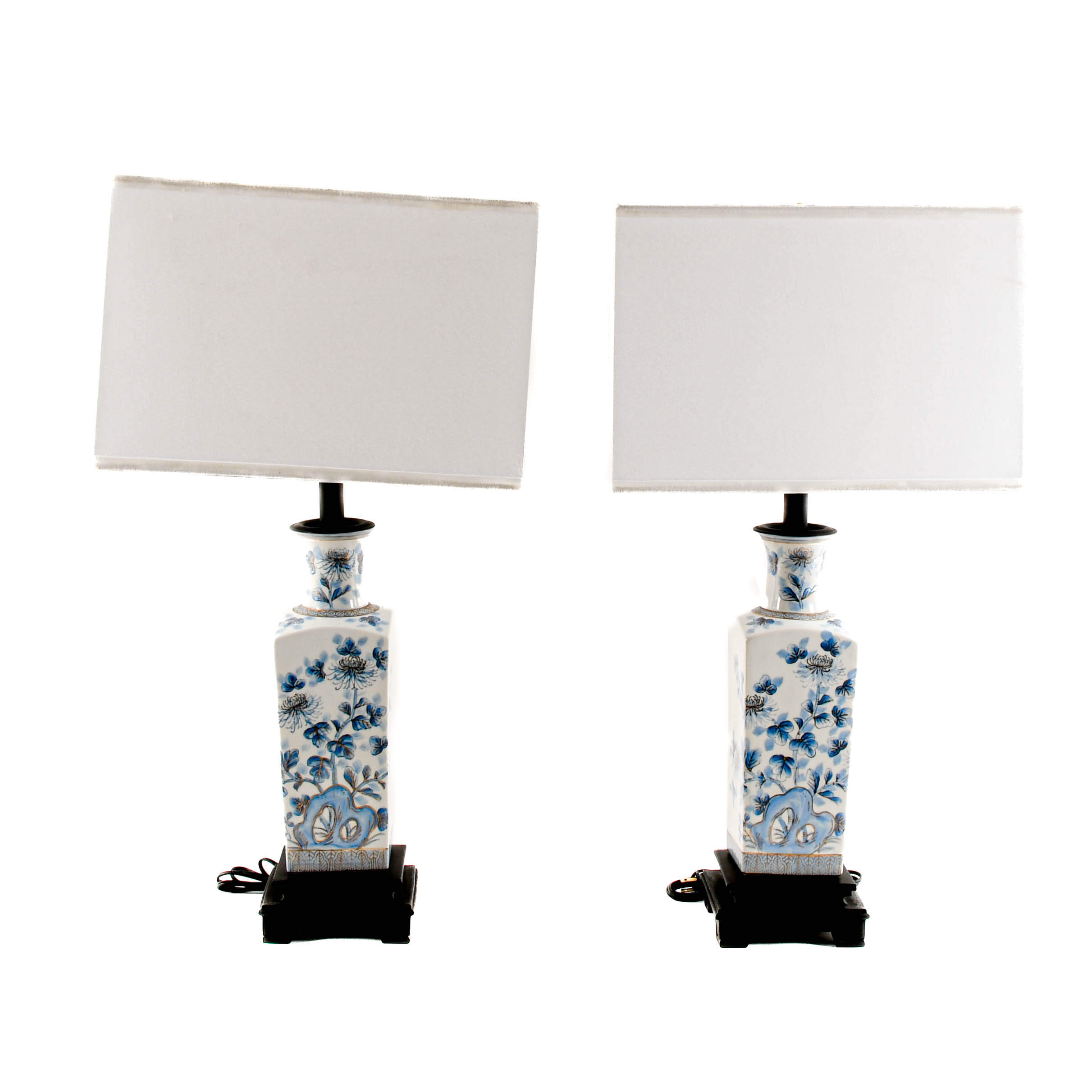 Pair of Blue and Gold Chinoiserie Urn Table Lamps with Shades-1
