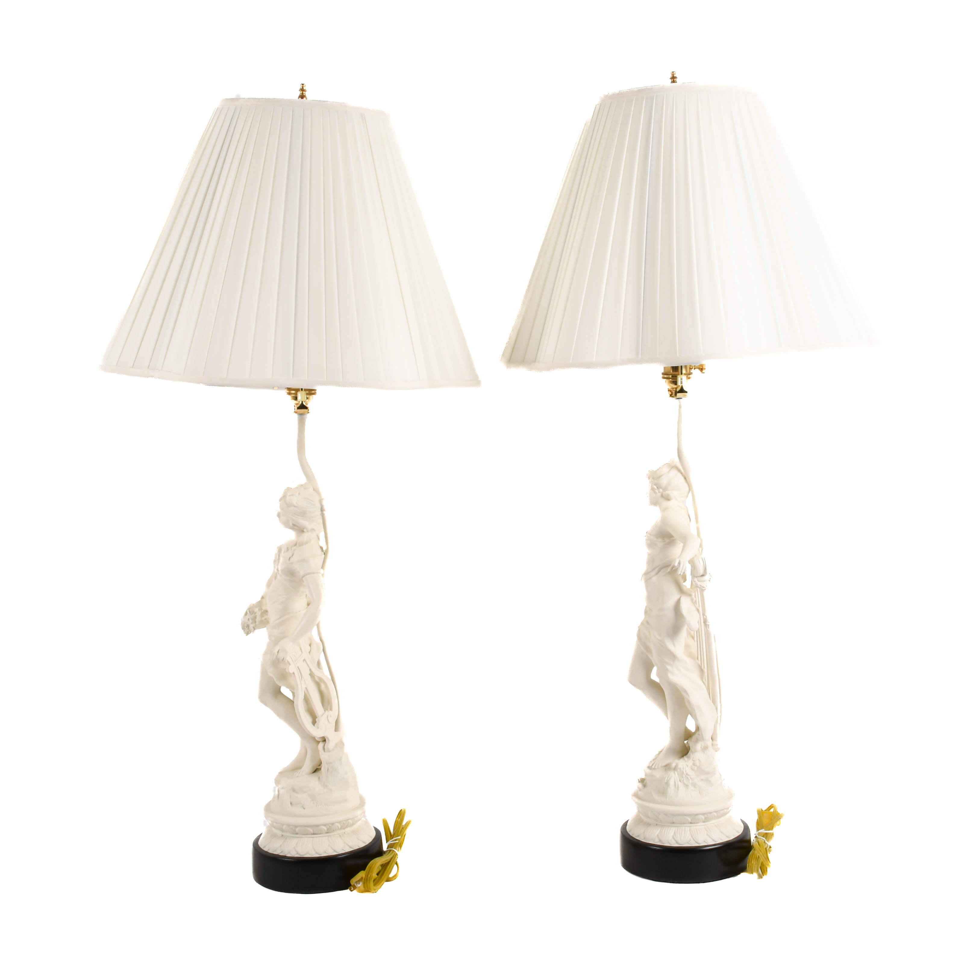 Pair of French Spelter Muse Statue Table Lamps After Moreau-6