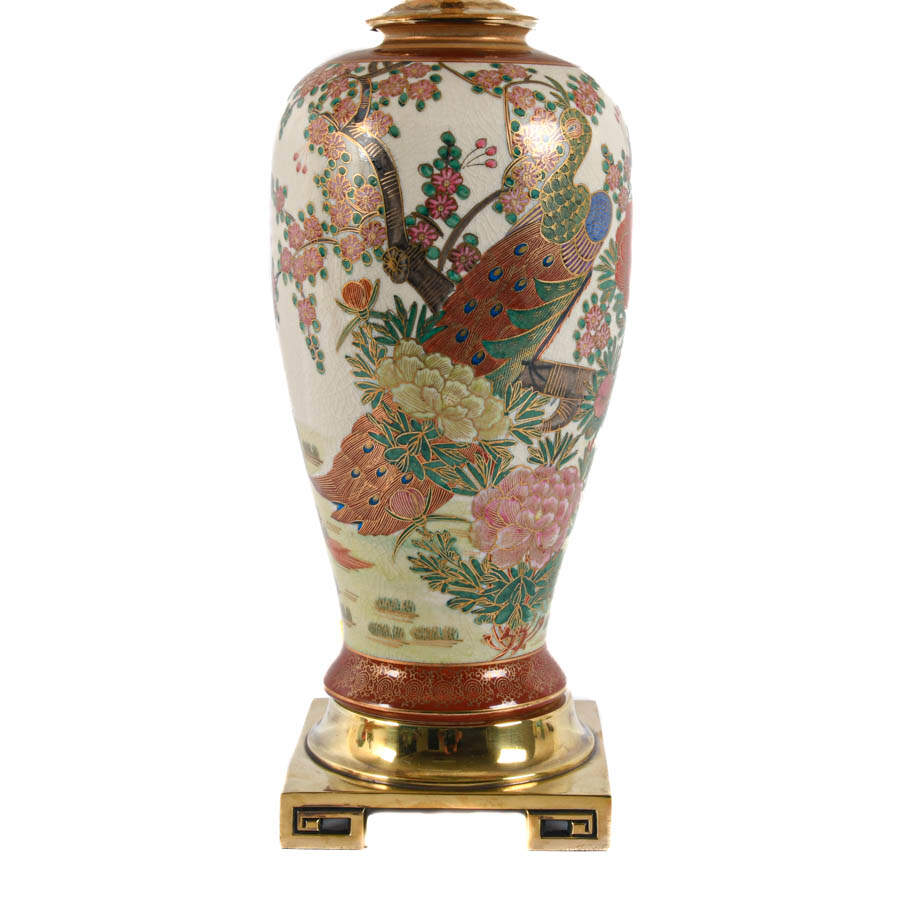 Hand-Painted Chinoiserie Peacock and Cherry Blossom Lamp-4