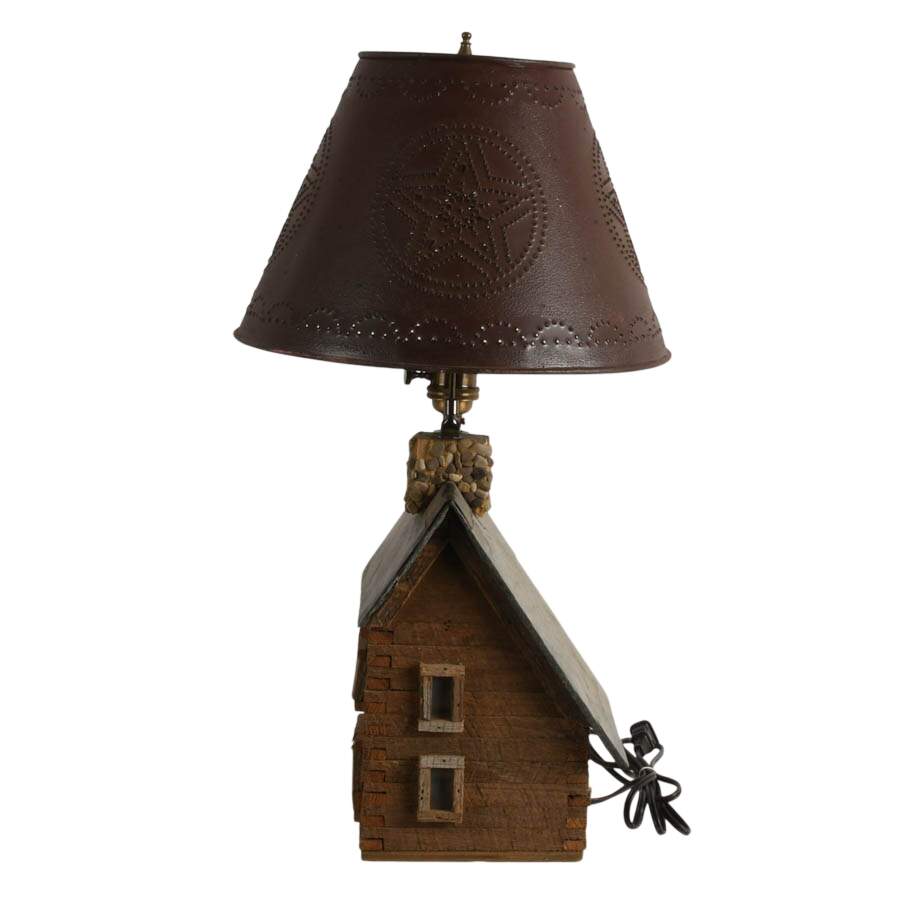 Hand-Crafted Folk Art Cabin Table Lamp with Pierced Metal Shade-5
