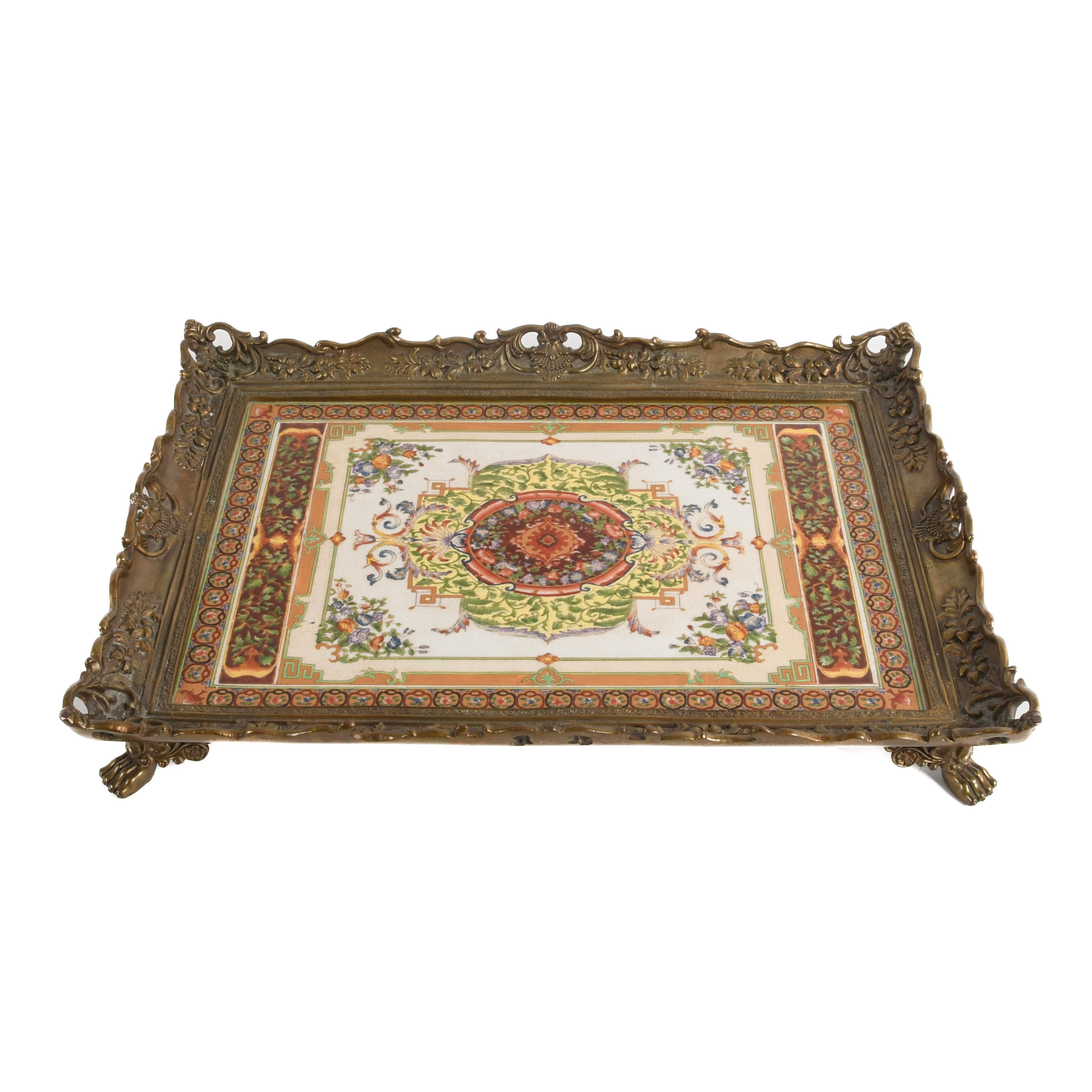 Hand-Painted Ceramic and Bronze Footed Castilian Tray-2