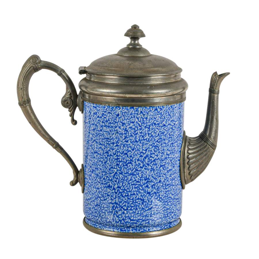 Blue and White Enameled Graniteware and Pewter Coffee Pot-1