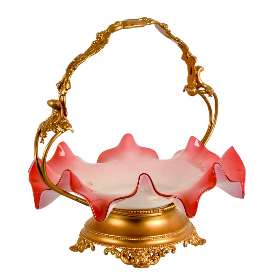 Ruffled Cranberry to White Cased Glass Gilt Handled Bride's Basket-6