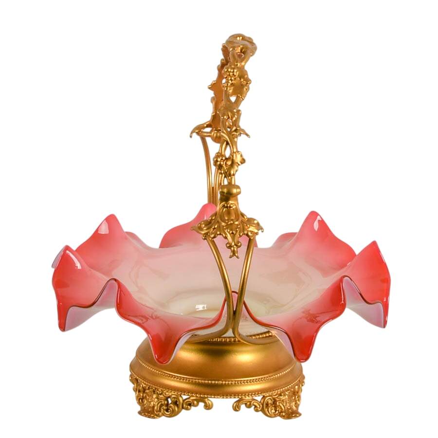 Ruffled Cranberry to White Cased Glass Gilt Handled Bride's Basket-5