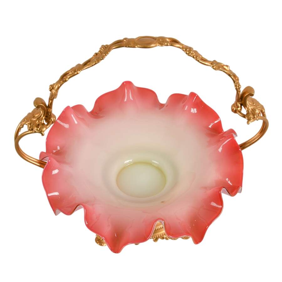 Ruffled Cranberry to White Cased Glass Gilt Handled Bride's Basket-2