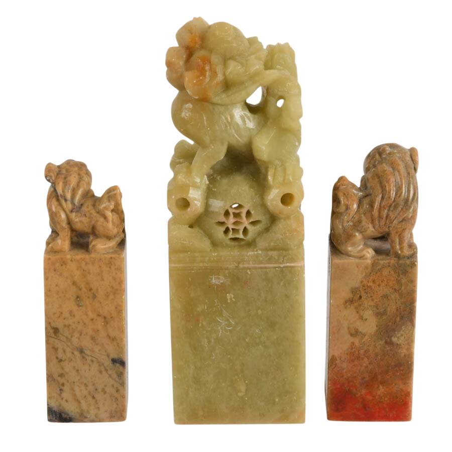 Trio of Chinese Imperial Lions Carved Soapstone Seals-3