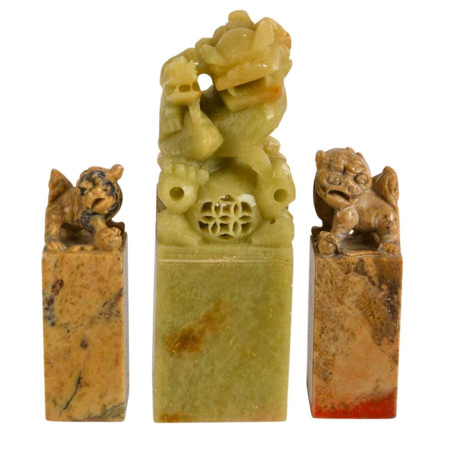 Trio of Chinese Imperial Lions Carved Soapstone Seals-1