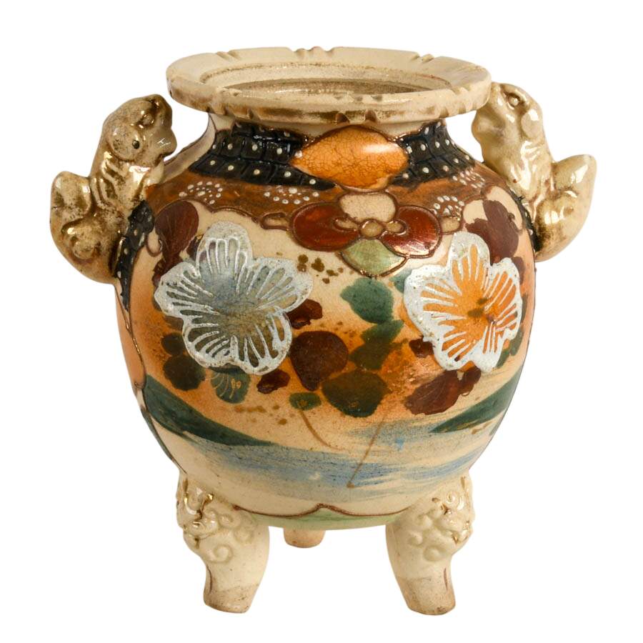 Antique Japanese Meiji-Era Satsuma Tripod Urn with Imperial Lion Handles-4